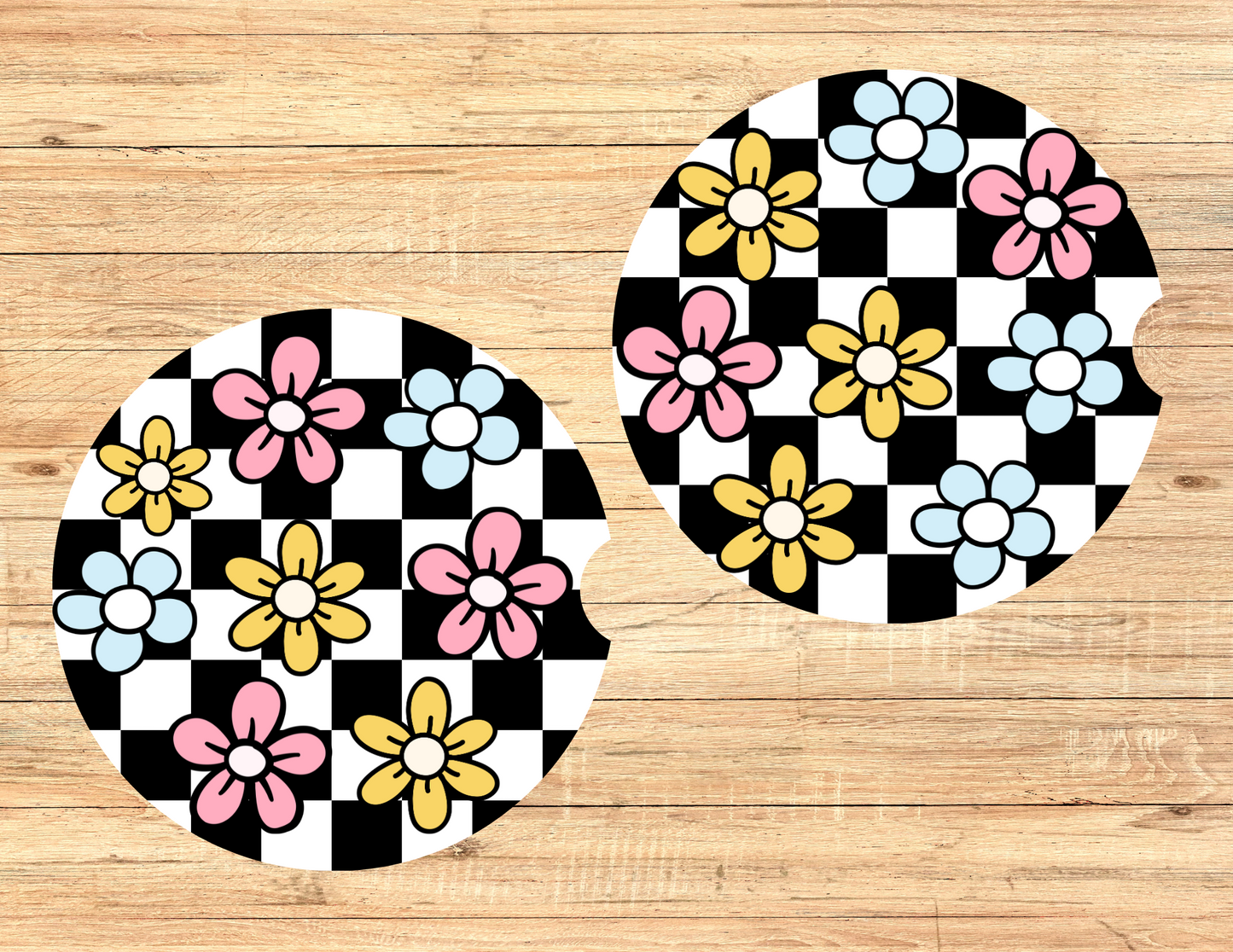 Checkered Flower Car Coasters