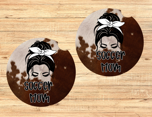 Cowhide Soccer Mom Car Coasters