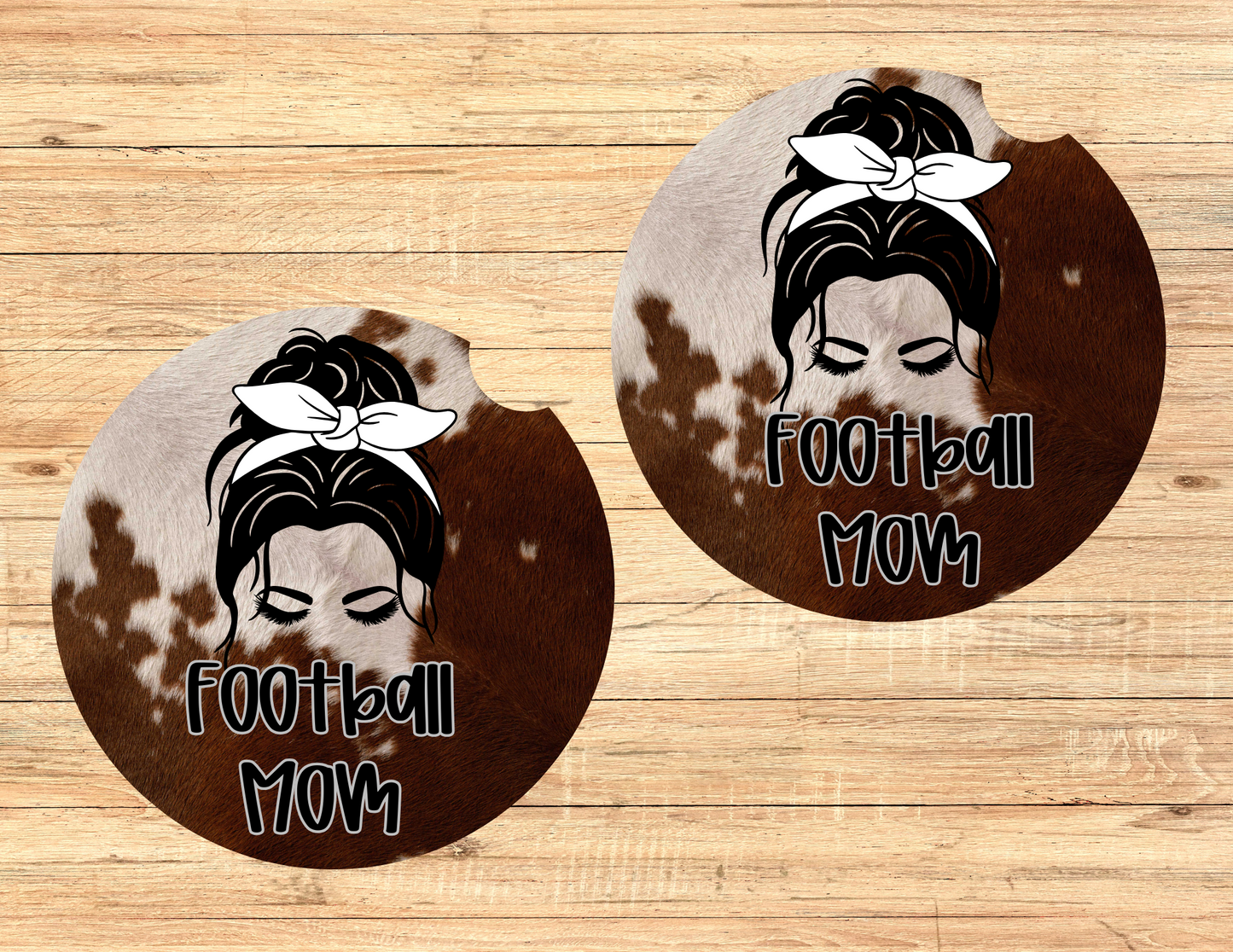 Cowhide Football Mom Car Coasters
