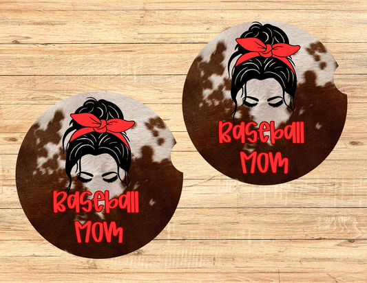 Cowhide Baseball Mom Car Coasters