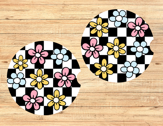 Checkered Flower Car Coasters