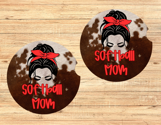 Cowhide Softball Mom Car Coasters